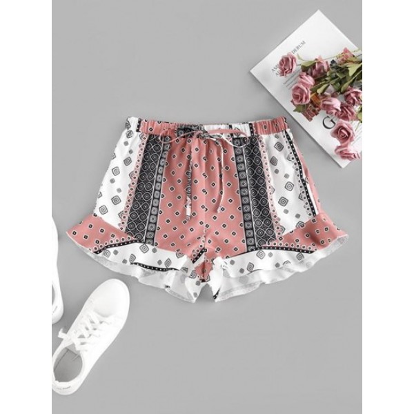 Ethnic Flower Geo Ruffle Wide Leg Shorts