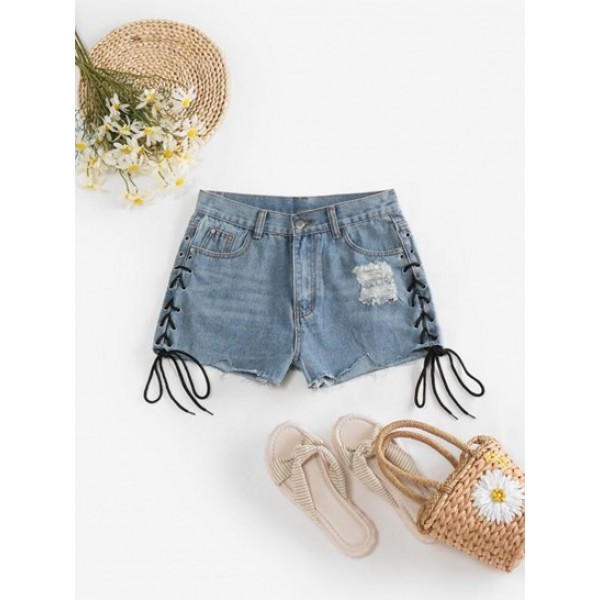 Lace Up Distressed Cut Off Denim Shorts