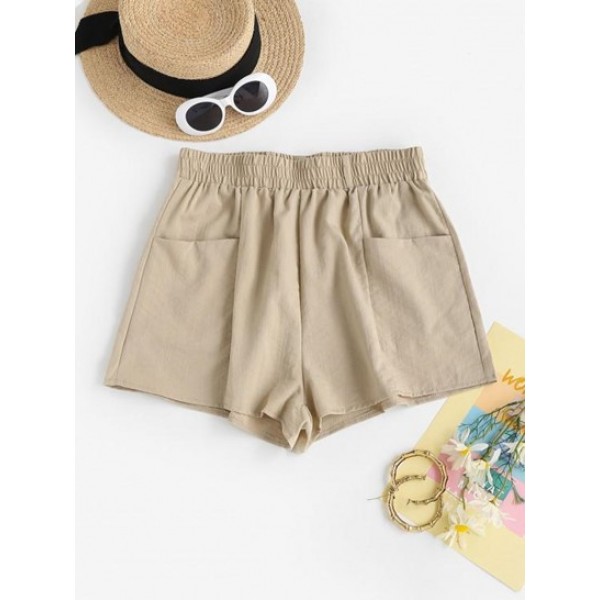 Solid High Waisted Front Pockets Shorts