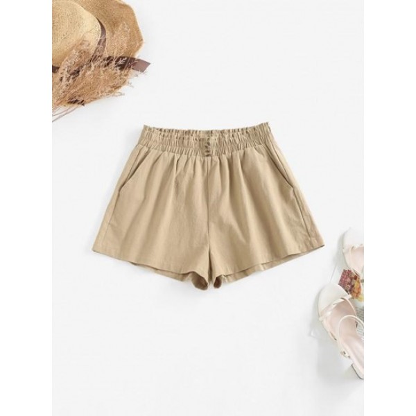 Pockets Button Waist Paperbag Shorts