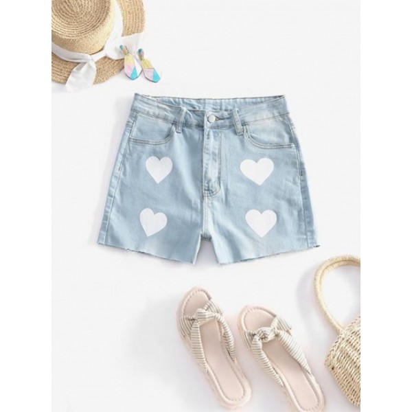 Raw Hem Heart Print Denim Skinny Shorts