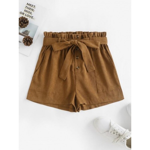 Pockets Belted Corduroy Paperbag Shorts