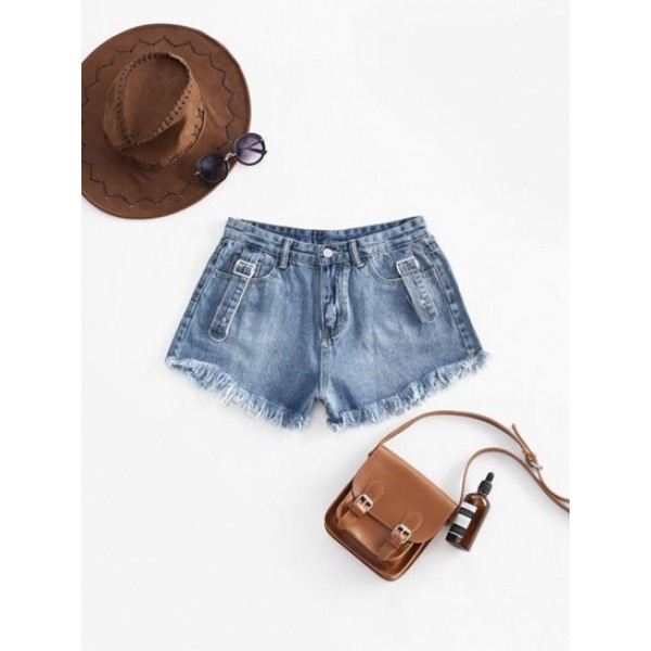 Buckle Straps Frayed Denim Cutoff Shorts