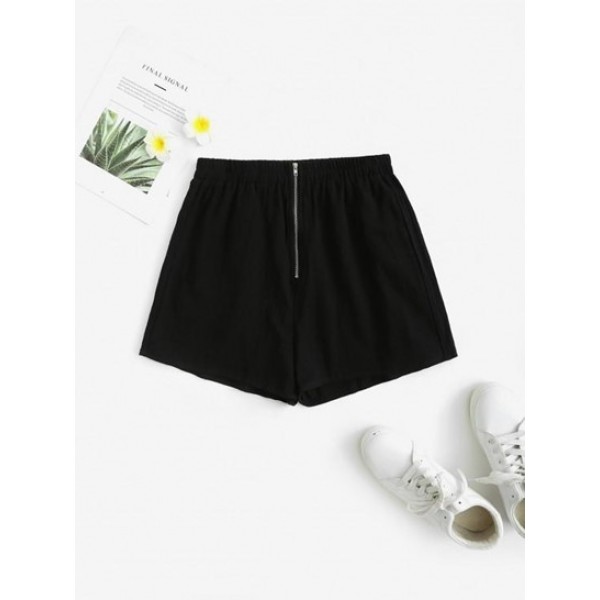 Front Zip High Waisted Loose Shorts