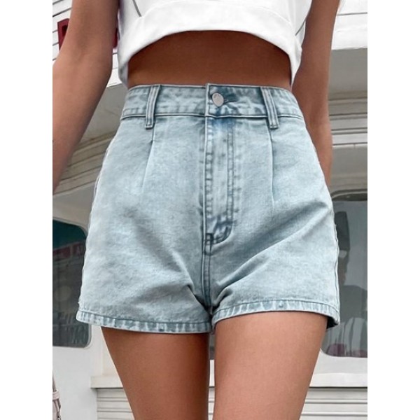 High Waisted Faded Wash Denim Shorts