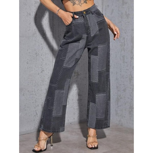 Patchwork Colorblock High Waist Straight...