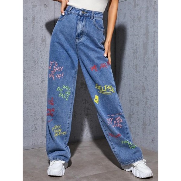 Letter Printed High Waisted Baggy Jeans