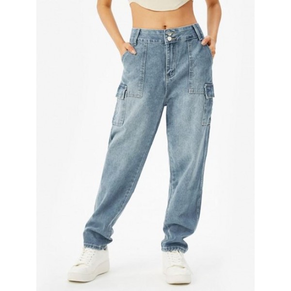 High Waisted Straight Cargo Jeans