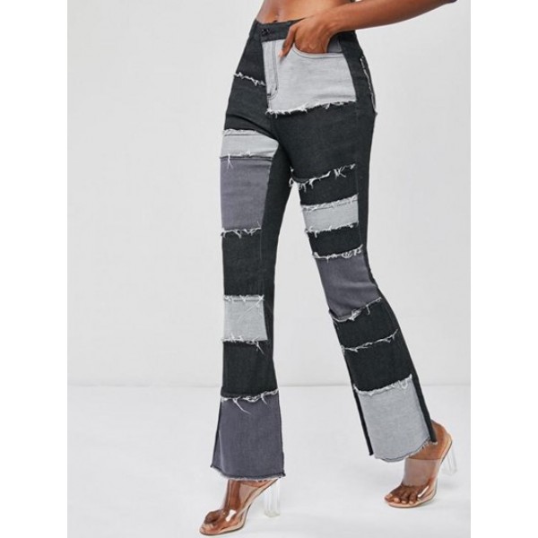 Patchwork Frayed Hem Flare Jeans