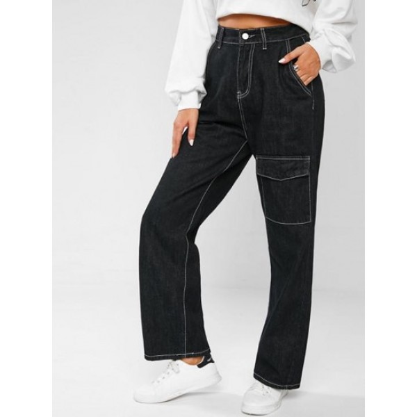 High Waisted Cargo Pocket Wide Leg Jeans