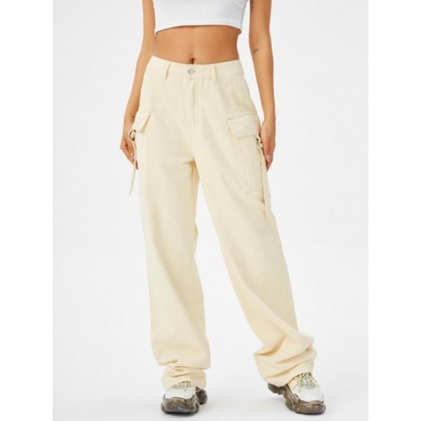 Neutral Color Pockets Wide Leg Cargo Jea...