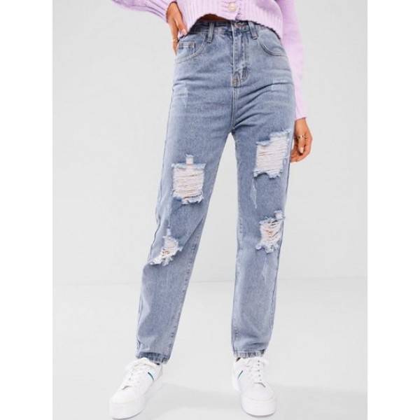 Ripped High Rise Straight Leg Jeans