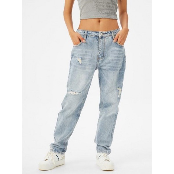 High Waisted Distressed Tapered Jeans