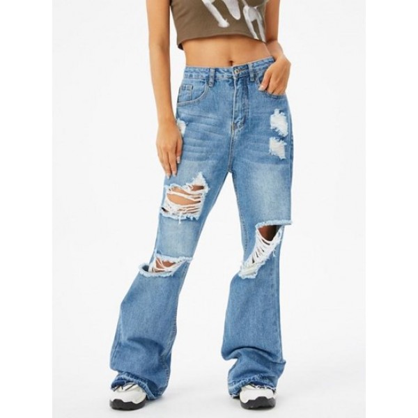 Frayed Distressed Wide Leg Jeans