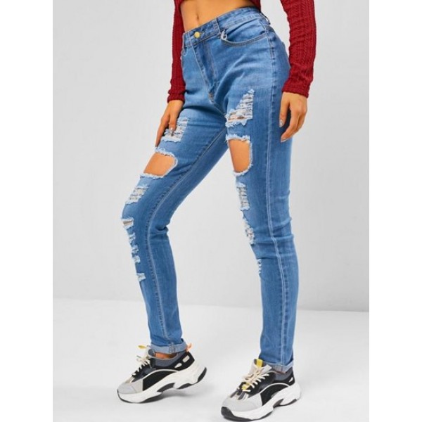 Ripped Destroyed Cuff Hem Skinny Jeans