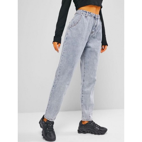 Zipper Fly Pocket Mom Jeans