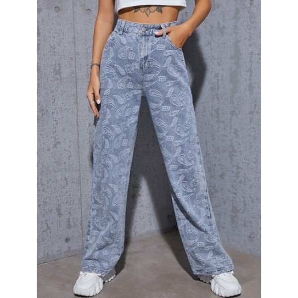 Paisley Graphic Wide Leg Jeans