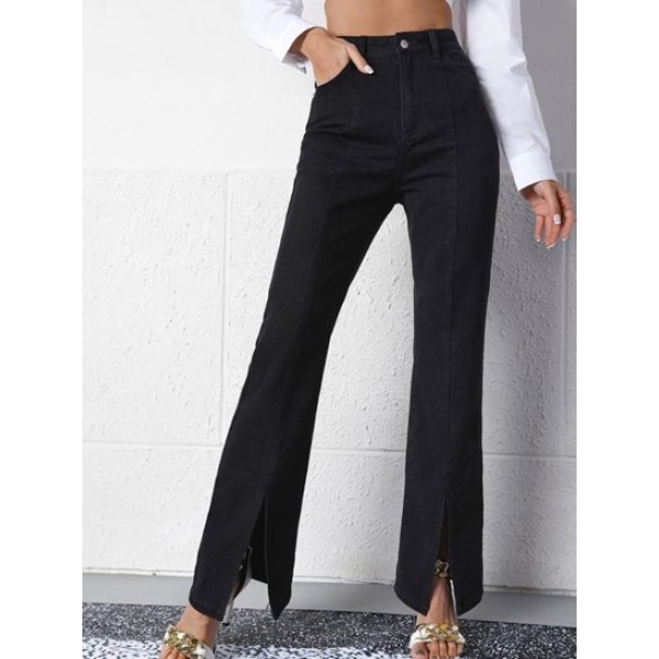 High Waisted Slit Straight Jeans