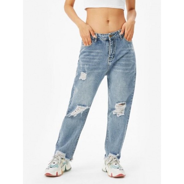 Shredded Distressed Frayed Straight Jeans