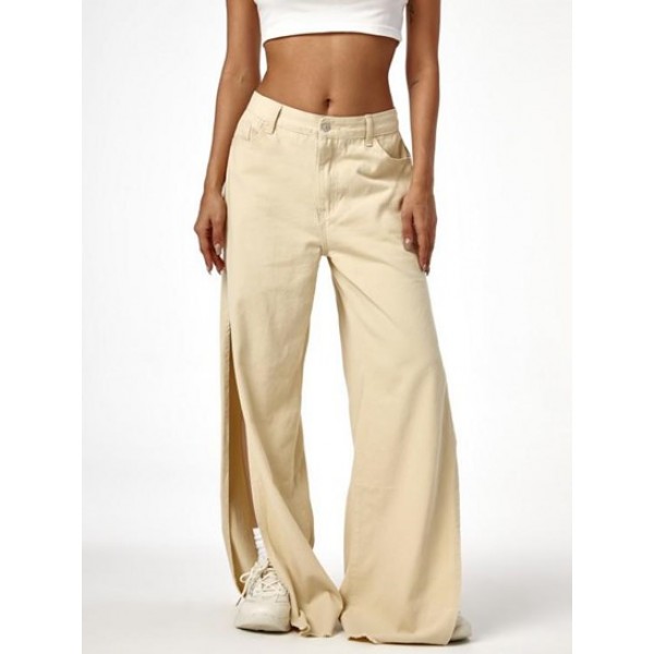 Solid Color Side Slit Wide Leg Pants