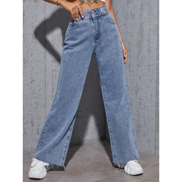 Grommets Raw Hem Wide Leg Jeans