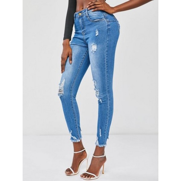 Ripped Distressed Frayed Hem Skinny Jean...