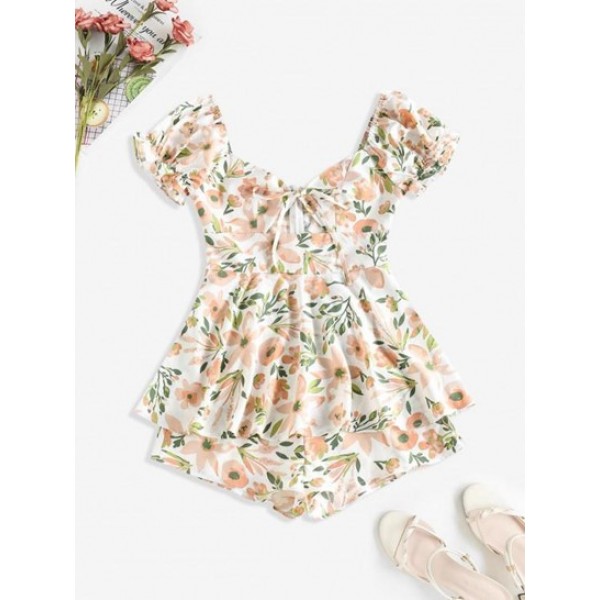 Puff Sleeve Floral Print Cutout Ruffled ...