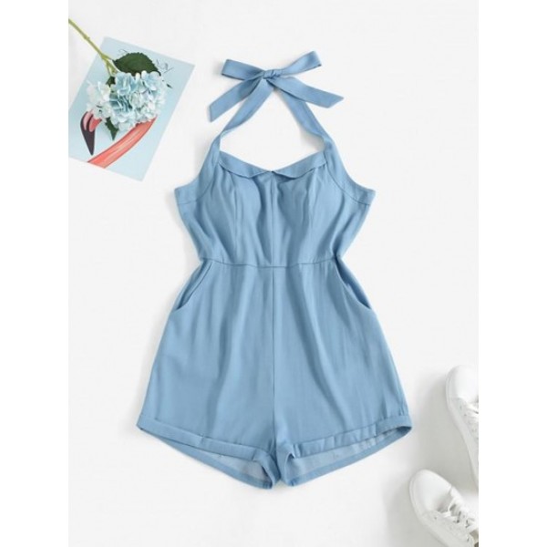 Halter Cuffed Hem Pockets Chambray Rompe...