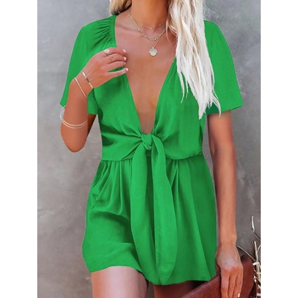 Knot Solid Color Plunging Neck Romper