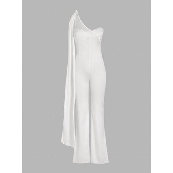 One Shoulder Tied Flared Jumpsuit With B...