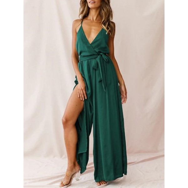 Side Slit Belted Surplice Wide Leg Jumps...