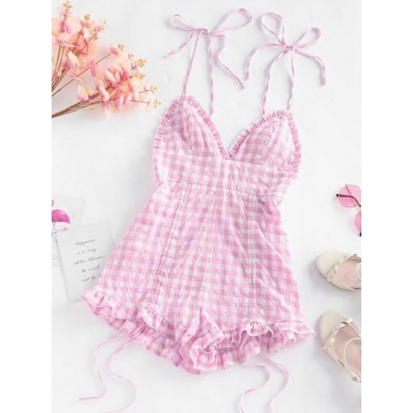 Gingham Tie Shoulder Cami Romper