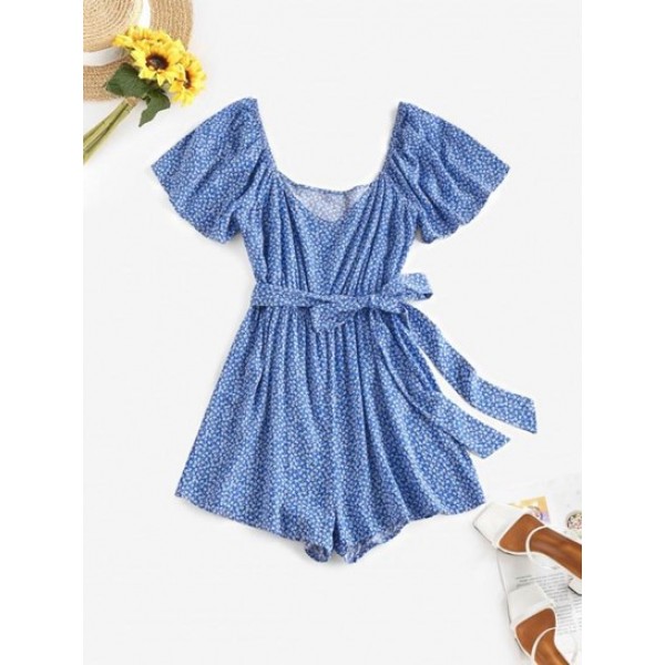 Flower Print Belted Wide Leg Romper