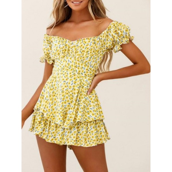 Flower Print Belted Off Shoulder Layered...