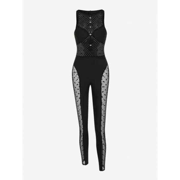 Rhinestone See Thru Lace Cut Out Jumpsui...