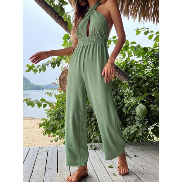 Smocked Halter Backless Jumpsuit