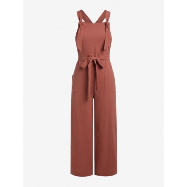 Tie Shoulder Belted Wide Leg Overalls Ju...