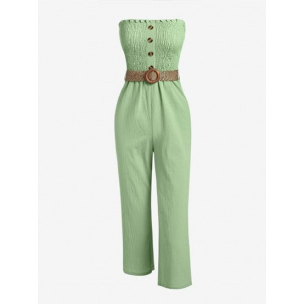 Smocked Mock Button Strapless Belted Capri Straight Jumpsuit