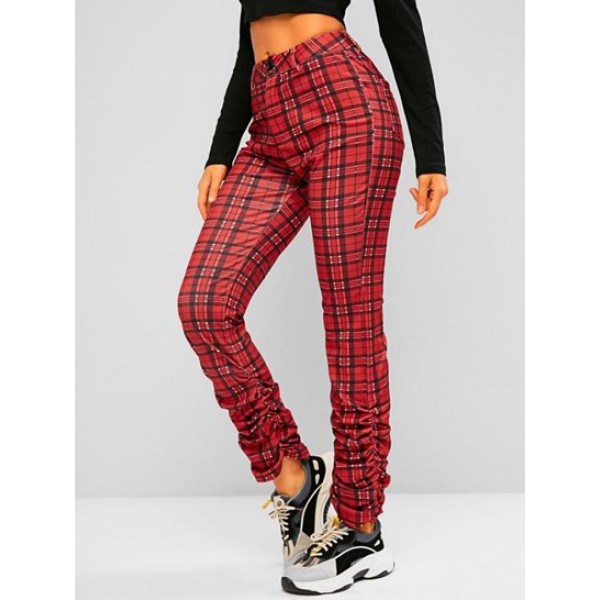 Plaid Pocket High Waisted Stacked Pants