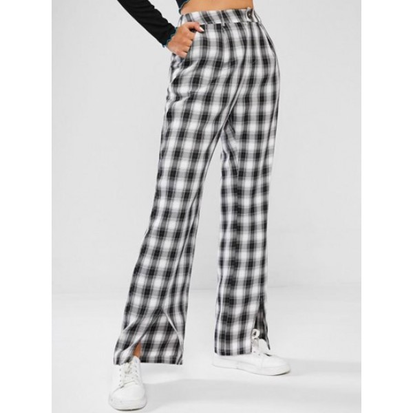 Checked Split Hem Straight Pants