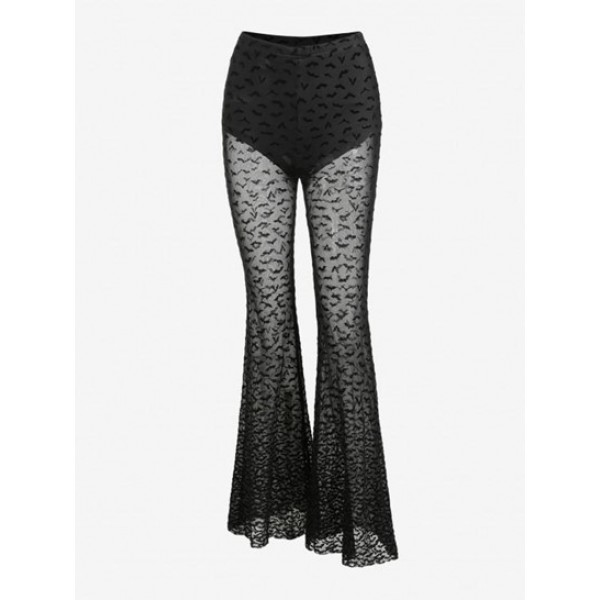 Halloween Flocking Bat Lace Flare Pants