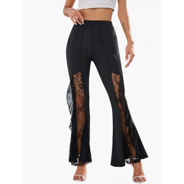 Pintuck Lace Insert Ruffle Flare Pants