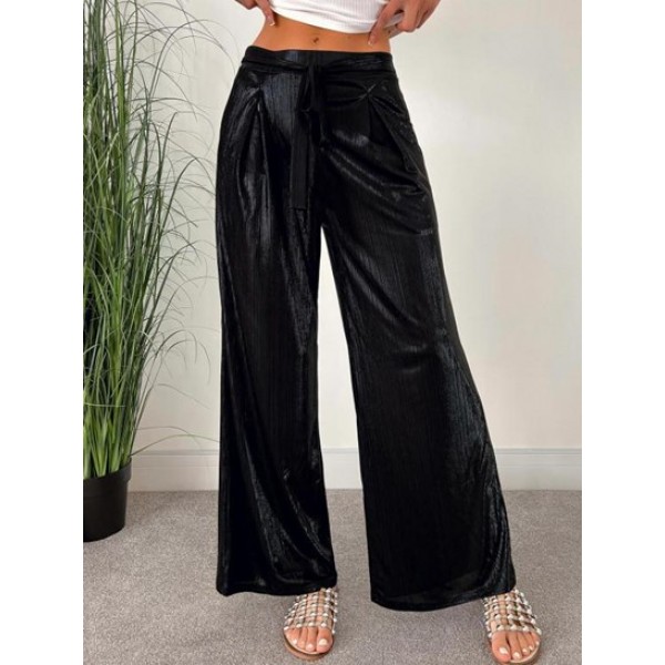 Metallic Belted Pocket Wide Leg Pants