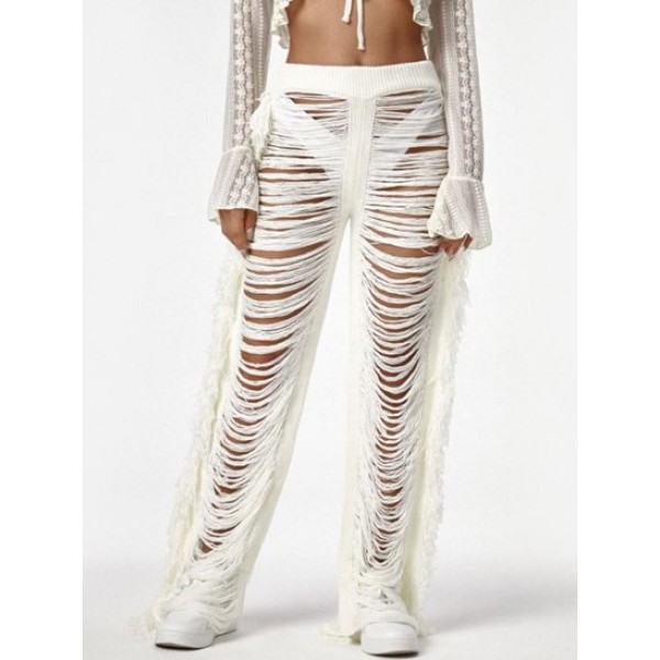 Fringed Distressed Knit Beach Pants