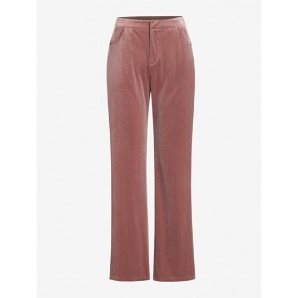 Velour Pocket High Waisted Straight Pant...