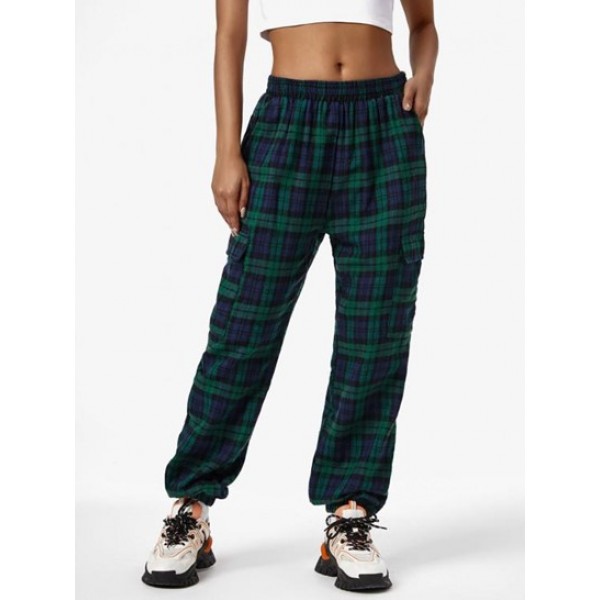 High Waist Pockets Plaid Cargo Pants