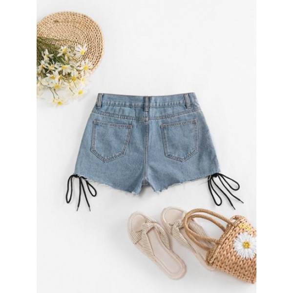 Lace Up Distressed Cut Off Denim Shorts