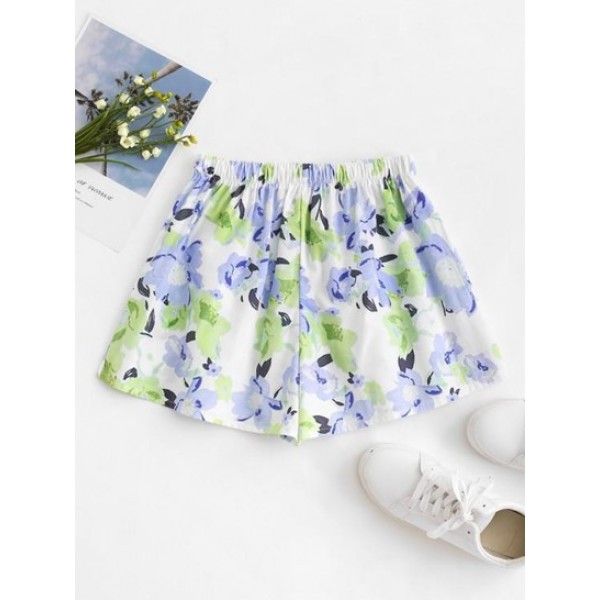 Watercolor Flower Print Pull On Shorts