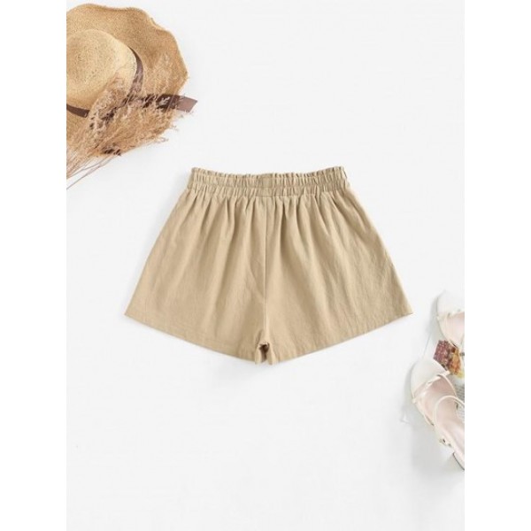 Pockets Button Waist Paperbag Shorts