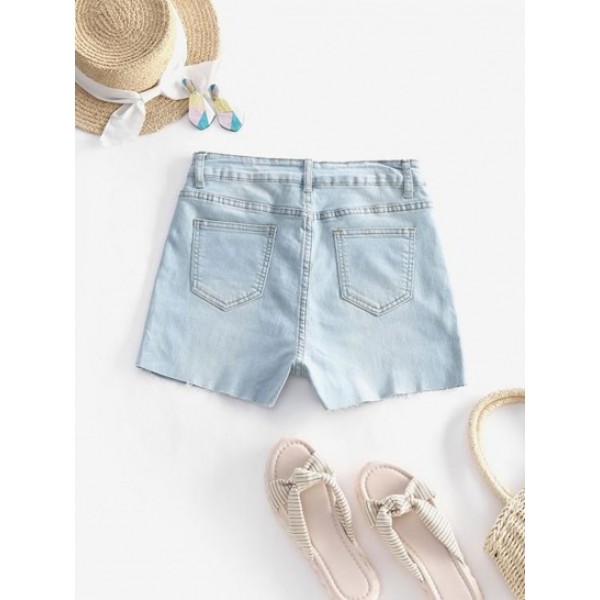 Raw Hem Heart Print Denim Skinny Shorts